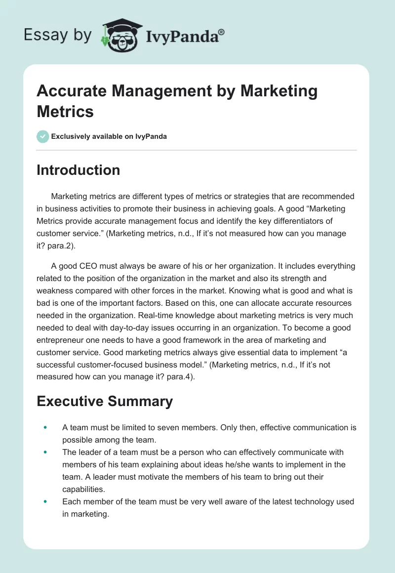 Accurate Management by Marketing Metrics. Page 1