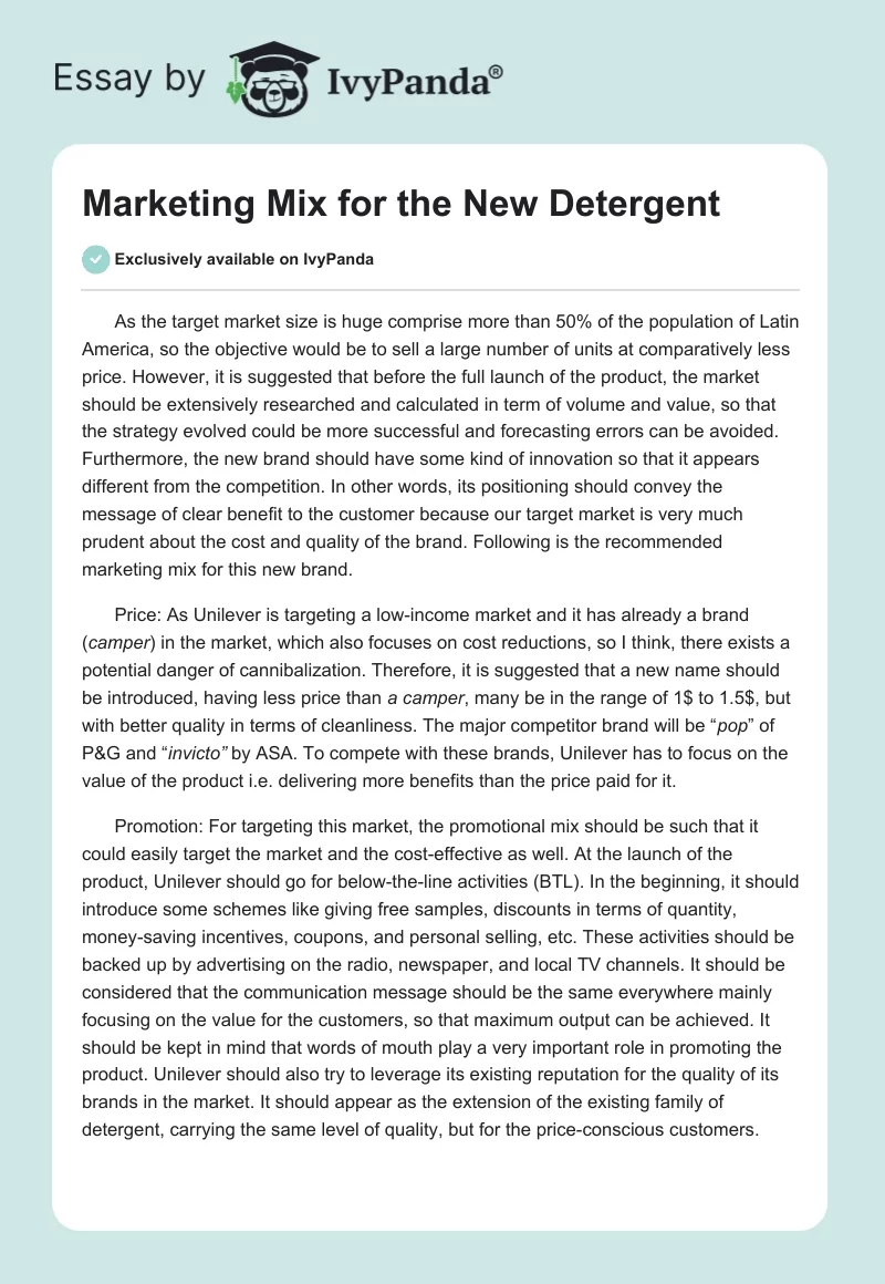 Marketing Mix for the New Detergent. Page 1