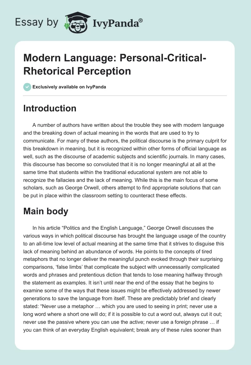 Modern Language: Personal-Critical-Rhetorical Perception. Page 1