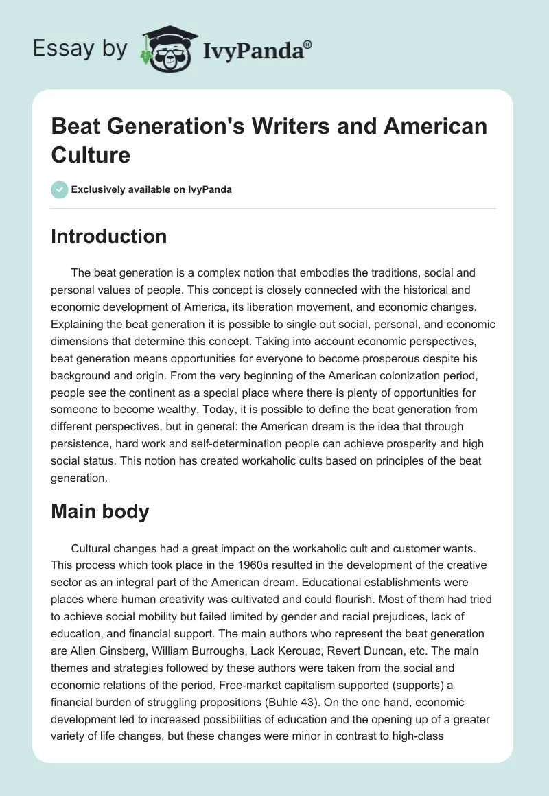 Beat Generation's Writers and American Culture. Page 1