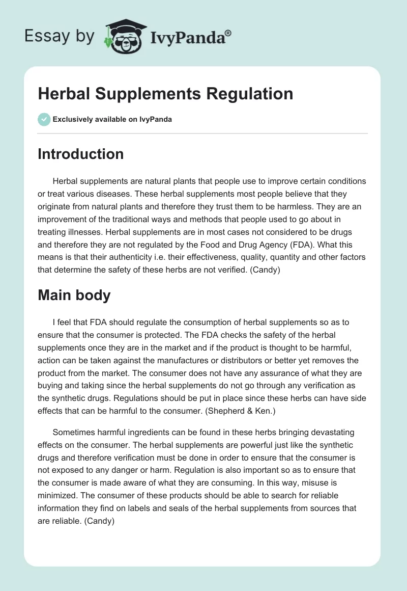 Herbal Supplements Regulation. Page 1