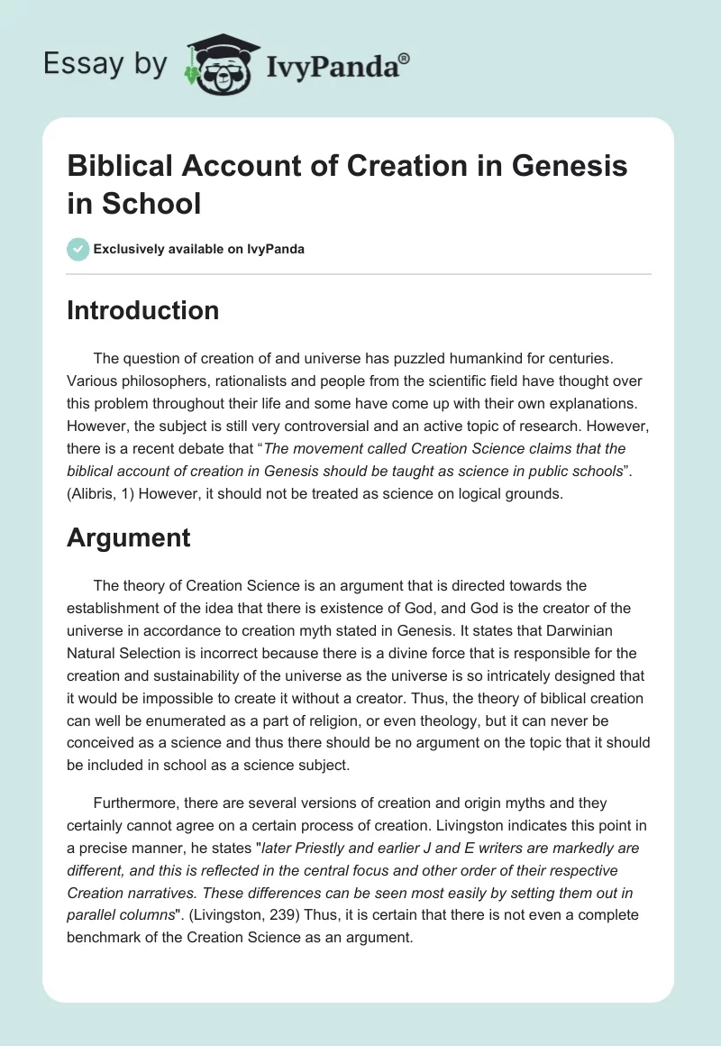 Biblical Account of Creation in Genesis in School. Page 1