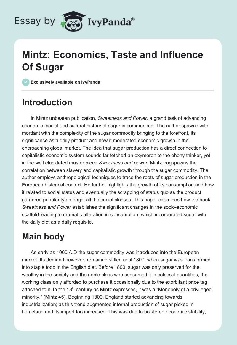 Mintz: Economics, Taste and Influence Of Sugar. Page 1