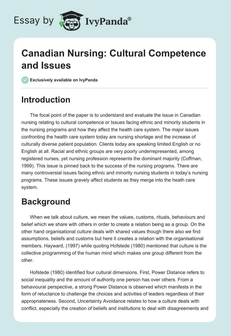 Canadian Nursing: Cultural Competence and Issues. Page 1