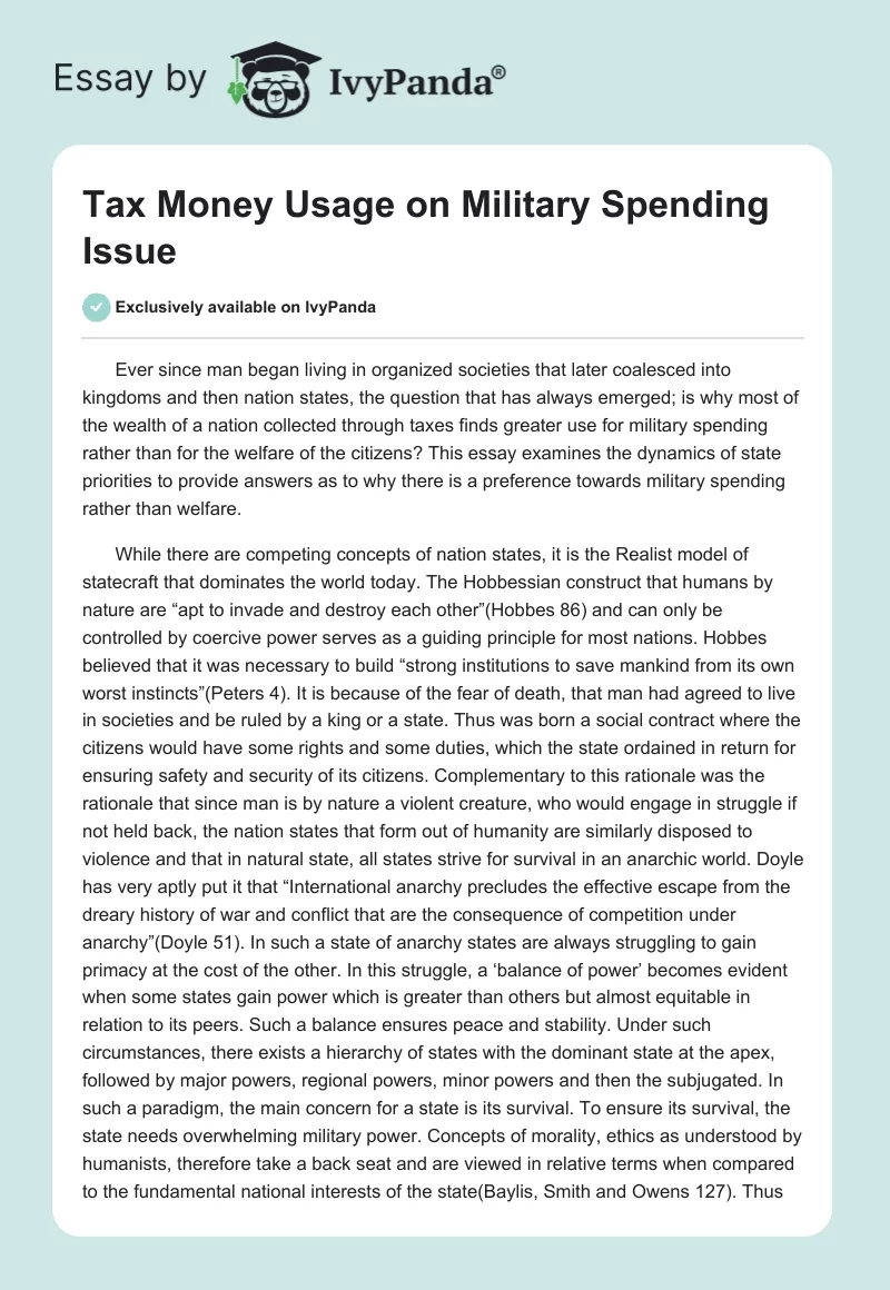 Tax Money Usage on Military Spending Issue. Page 1