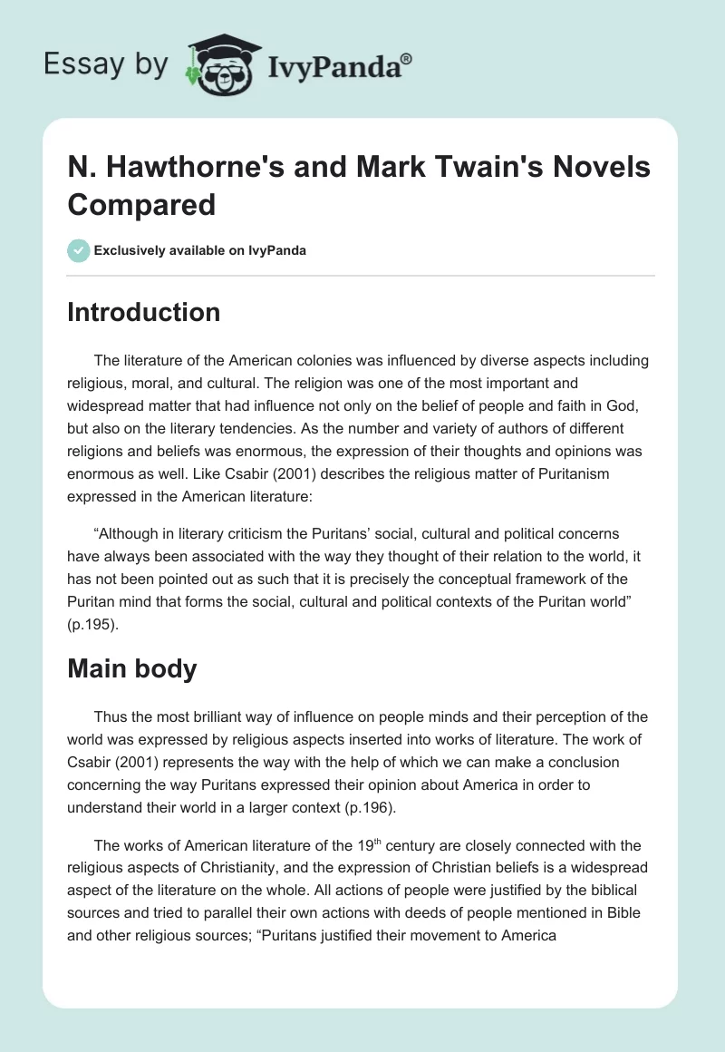 N. Hawthorne's and Mark Twain's Novels Compared. Page 1