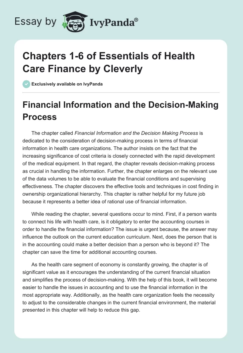 Chapters 1-6 of Essentials of Health Care Finance by Cleverly. Page 1