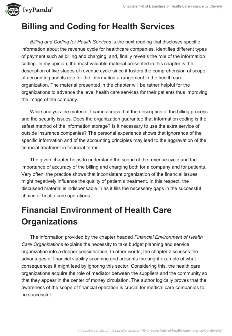 Chapters 1-6 of Essentials of Health Care Finance by Cleverly. Page 2