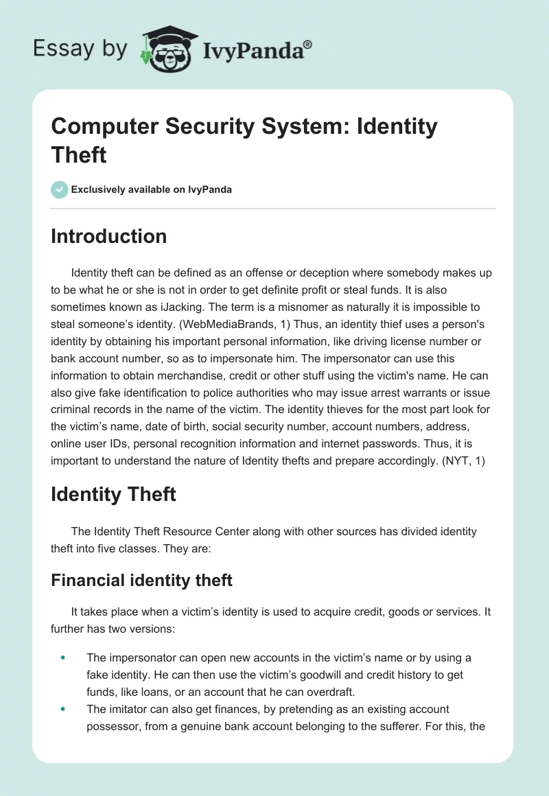 Computer Security System: Identity Theft. Page 1