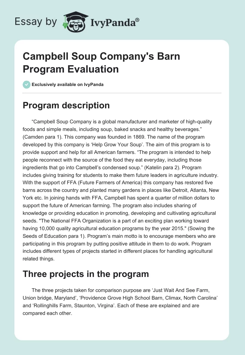 Campbell Soup Company's Barn Program Evaluation. Page 1