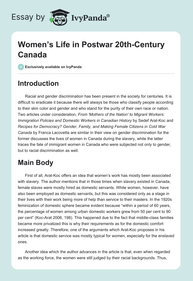 Women’s Life in Postwar 20th-Century Canada. Page 1