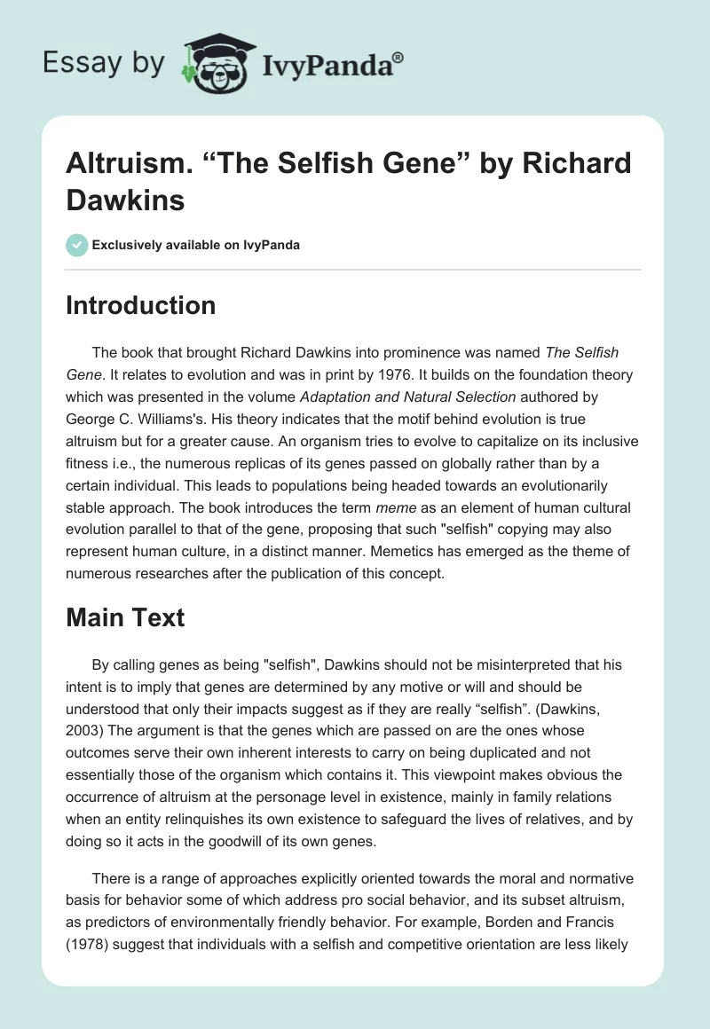 Altruism. “The Selfish Gene” by Richard Dawkins. Page 1