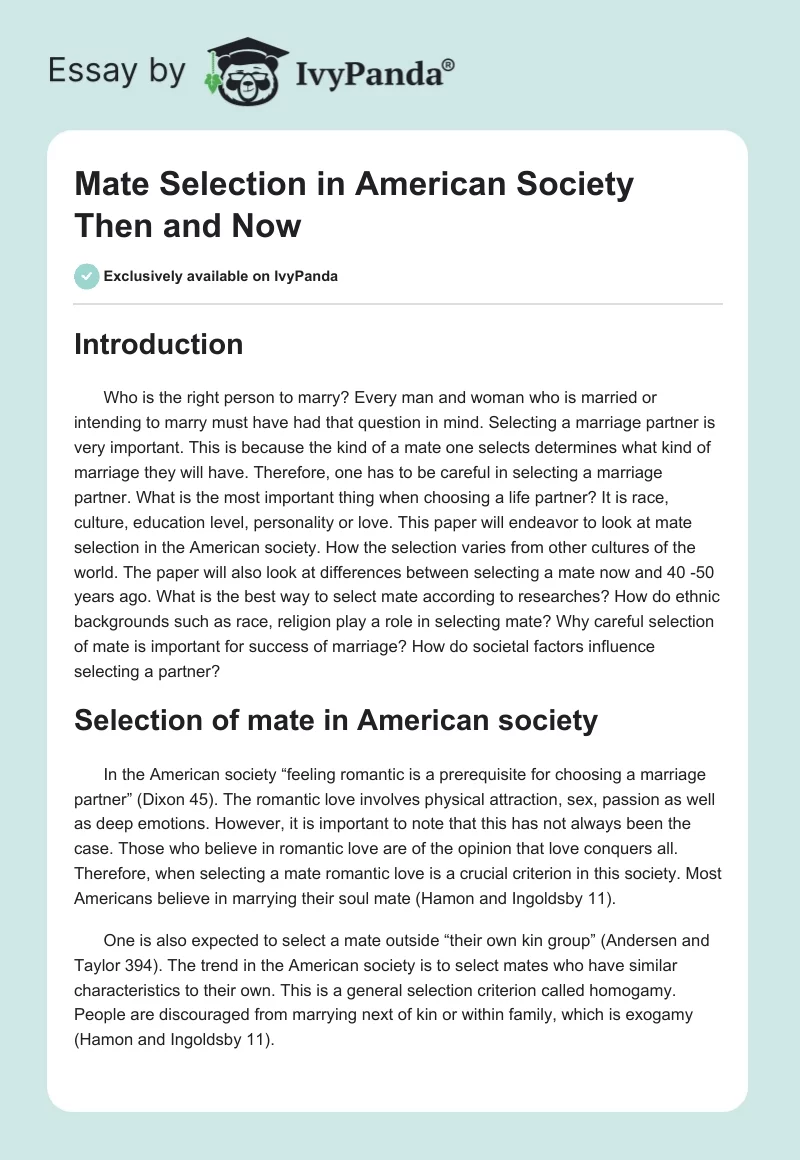 Mate Selection in American Society Then and Now. Page 1