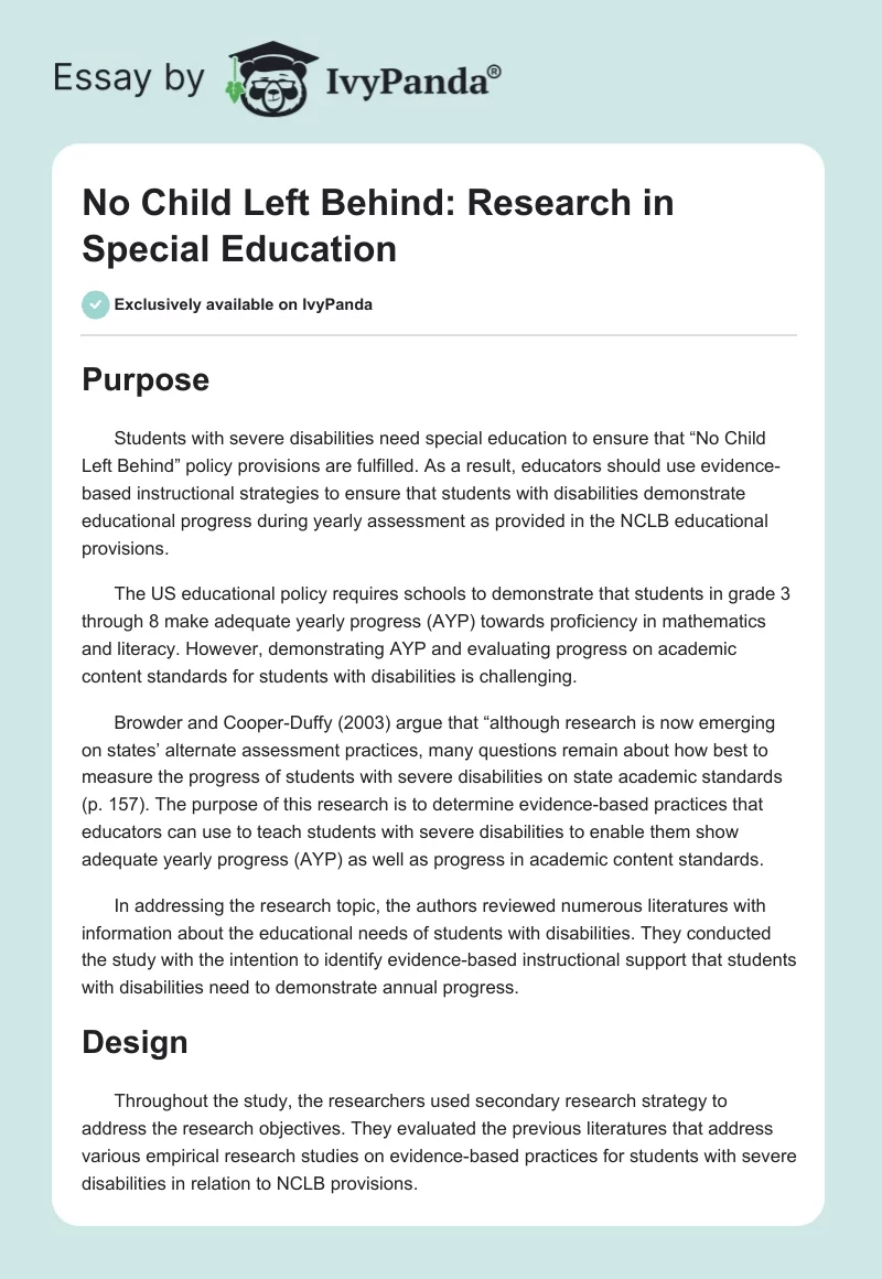 No Child Left Behind: Research in Special Education. Page 1