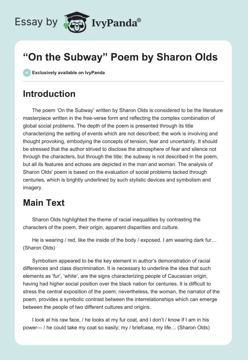 “On the Subway” Poem by Sharon Olds. Page 1