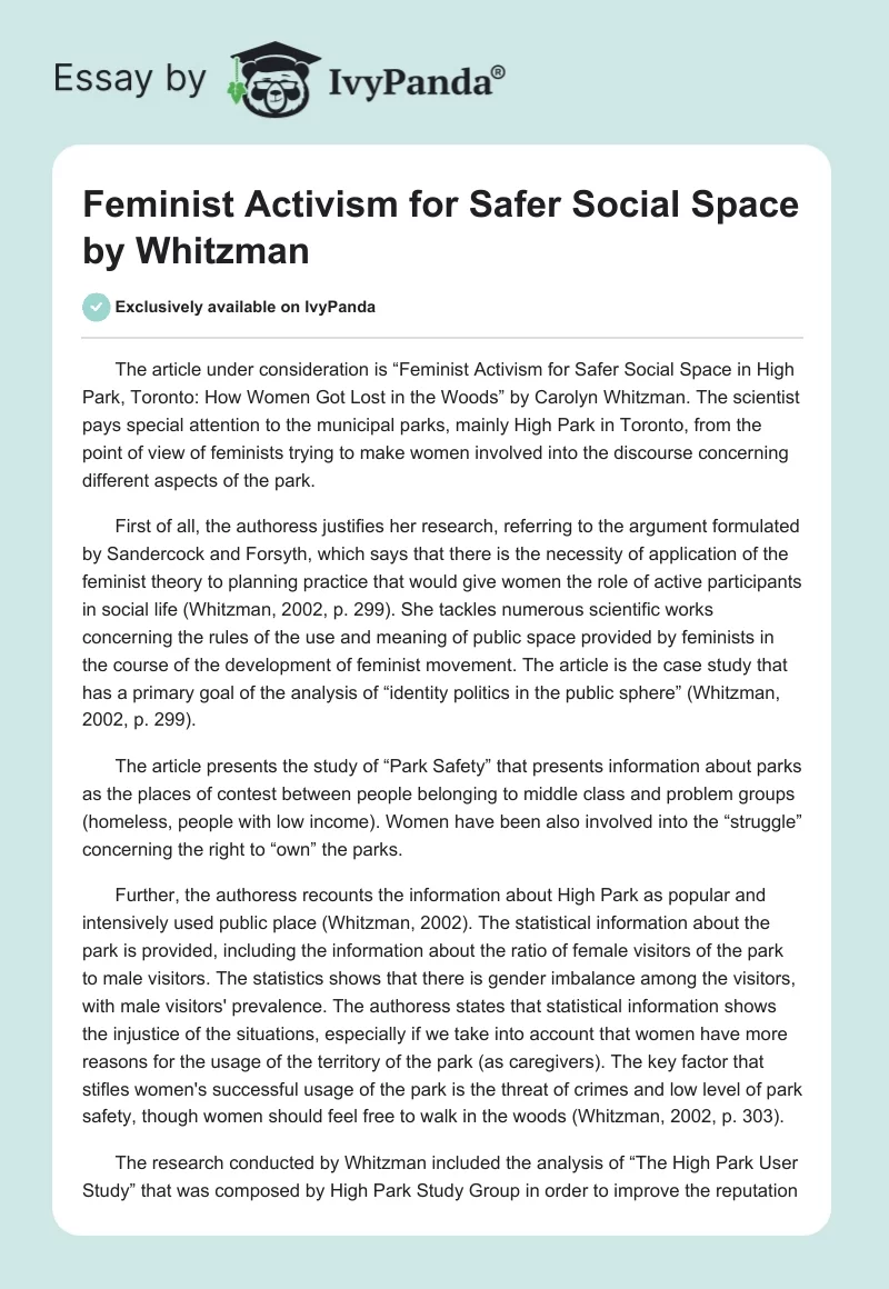Feminist Activism for Safer Social Space by Whitzman. Page 1
