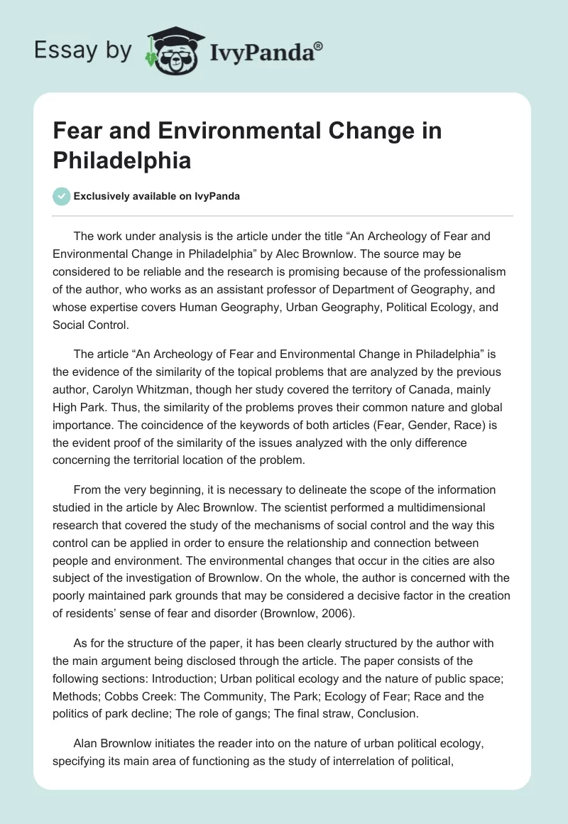 Fear and Environmental Change in Philadelphia. Page 1