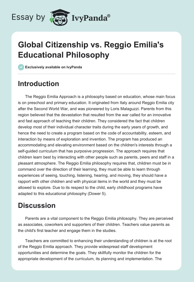 Global Citizenship vs. Reggio Emilia's Educational Philosophy. Page 1