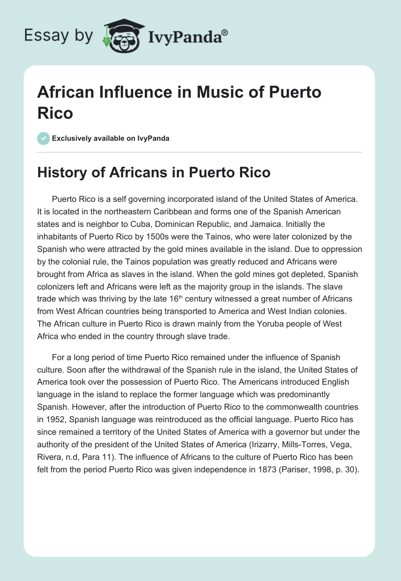 African Influence in Music of Puerto Rico. Page 1