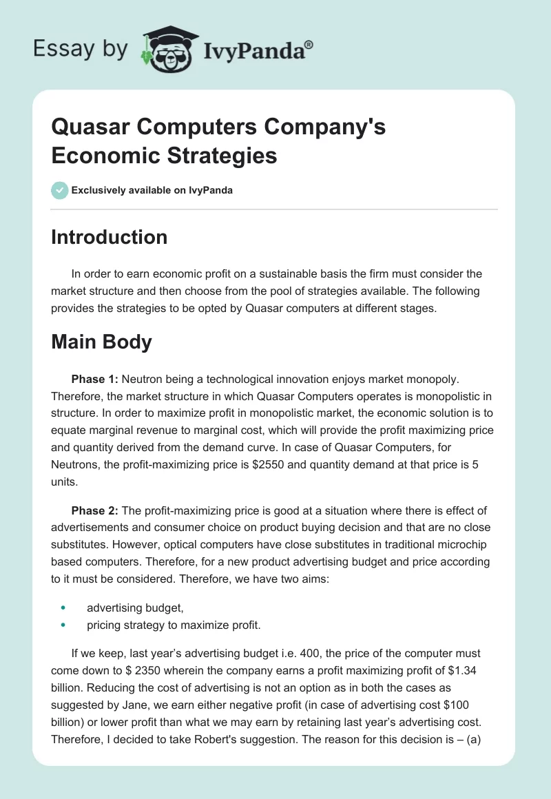 Quasar Computers Company's Economic Strategies. Page 1