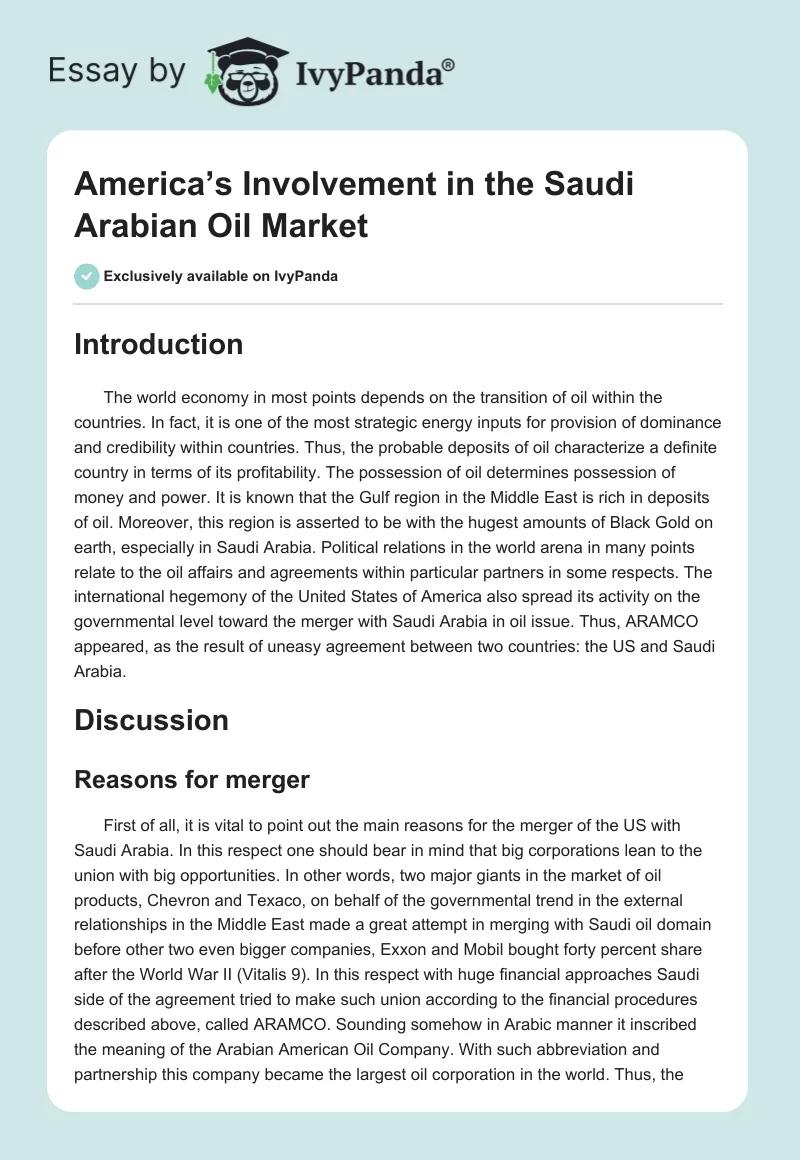 America’s Involvement in the Saudi Arabian Oil Market. Page 1