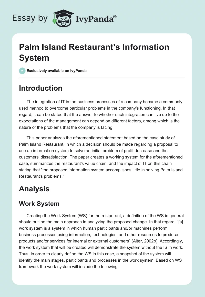 Palm Island Restaurant's Information System. Page 1