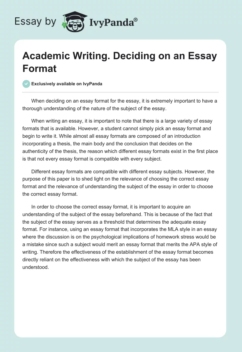 Academic Writing. Deciding on an Essay Format. Page 1
