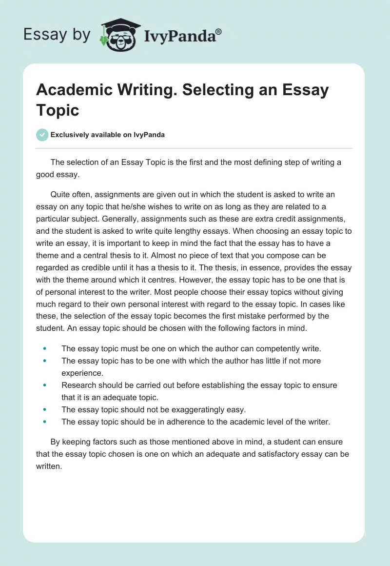 Academic Writing. Selecting an Essay Topic. Page 1