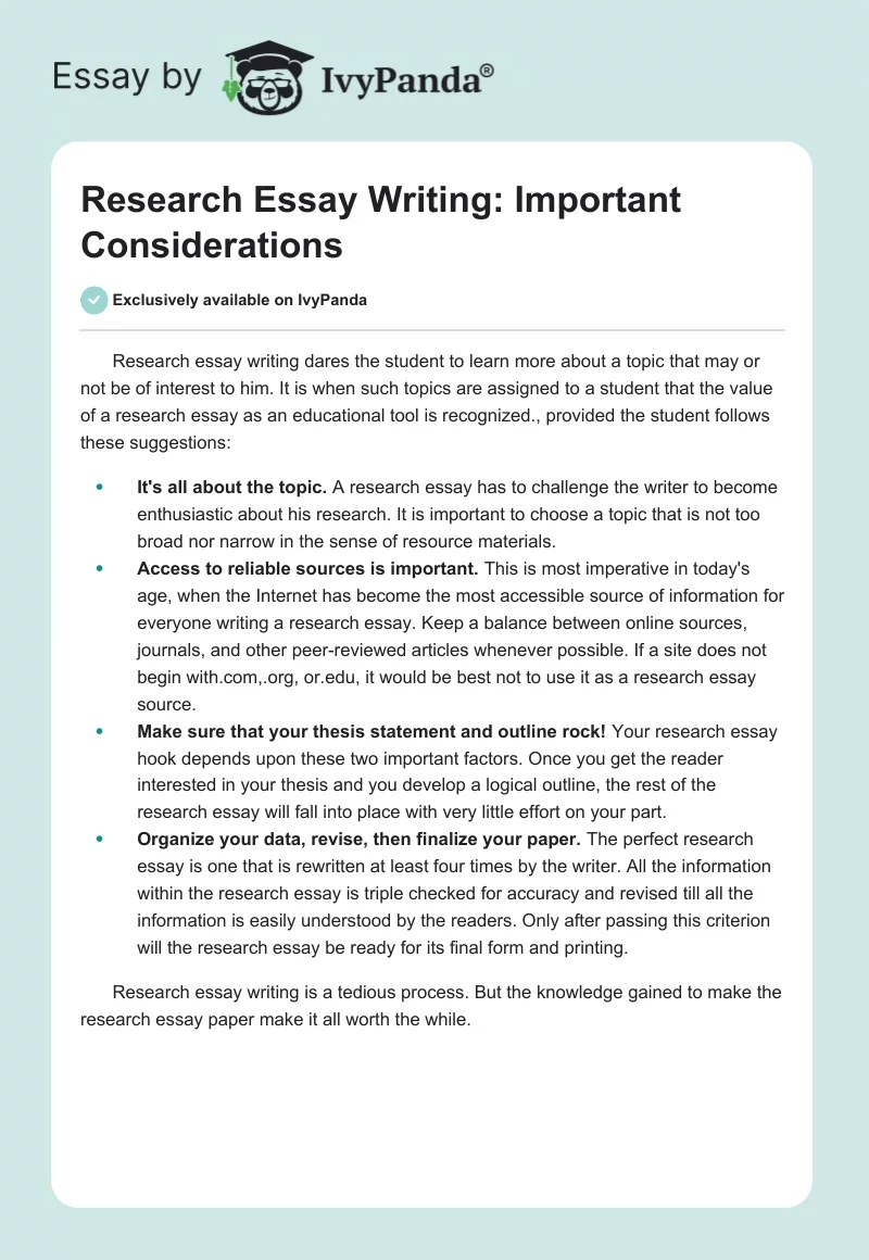 Research Essay Writing: Important Considerations. Page 1