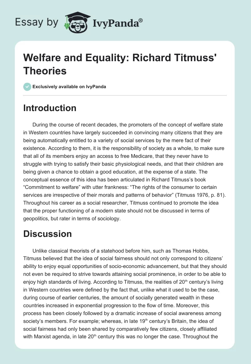 Welfare and Equality: Richard Titmuss' Theories. Page 1