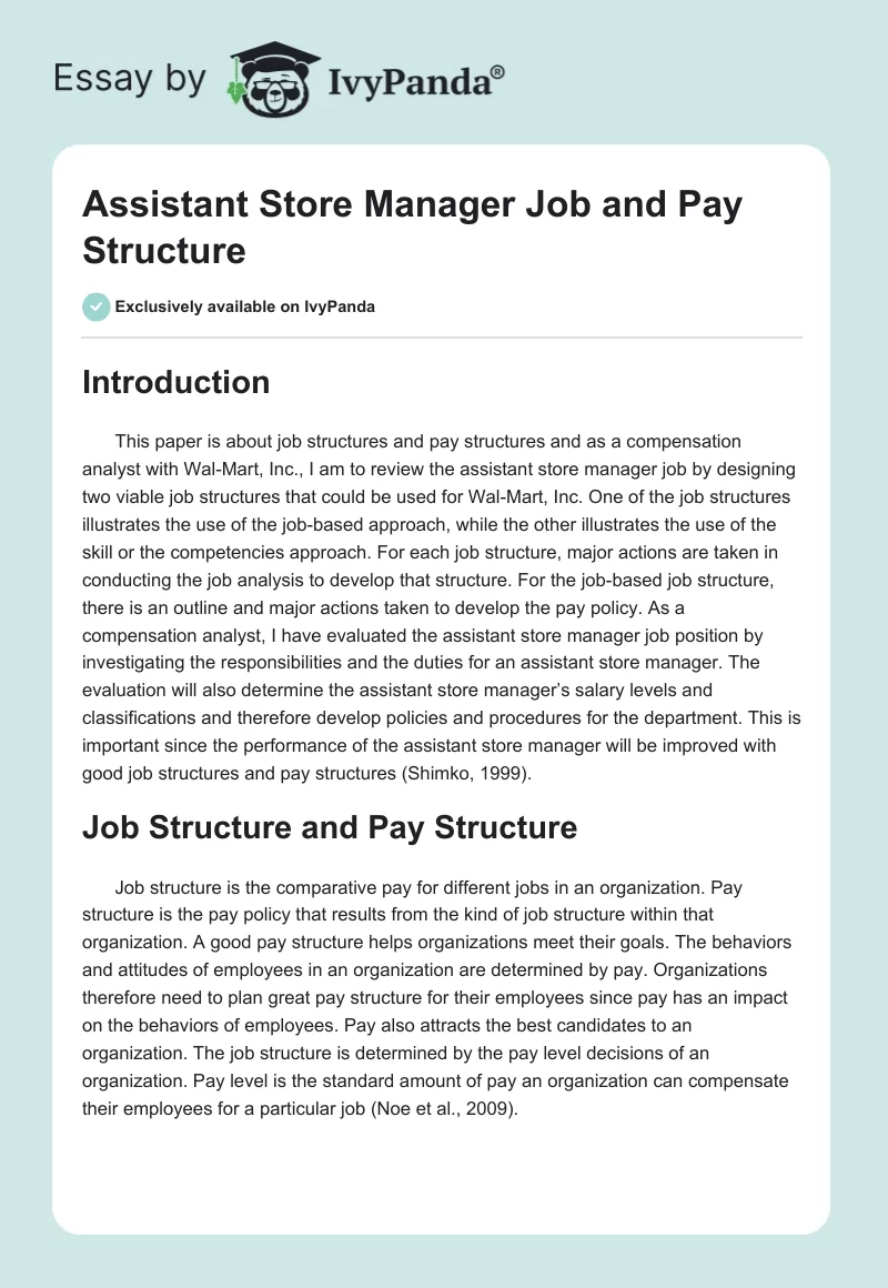 Assistant Store Manager Job and Pay Structure. Page 1