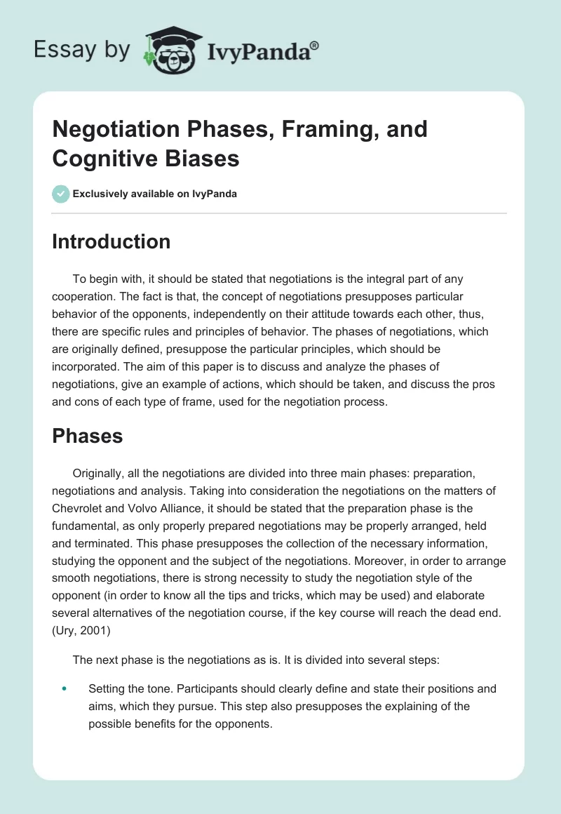 Negotiation Phases, Framing, and Cognitive Biases. Page 1