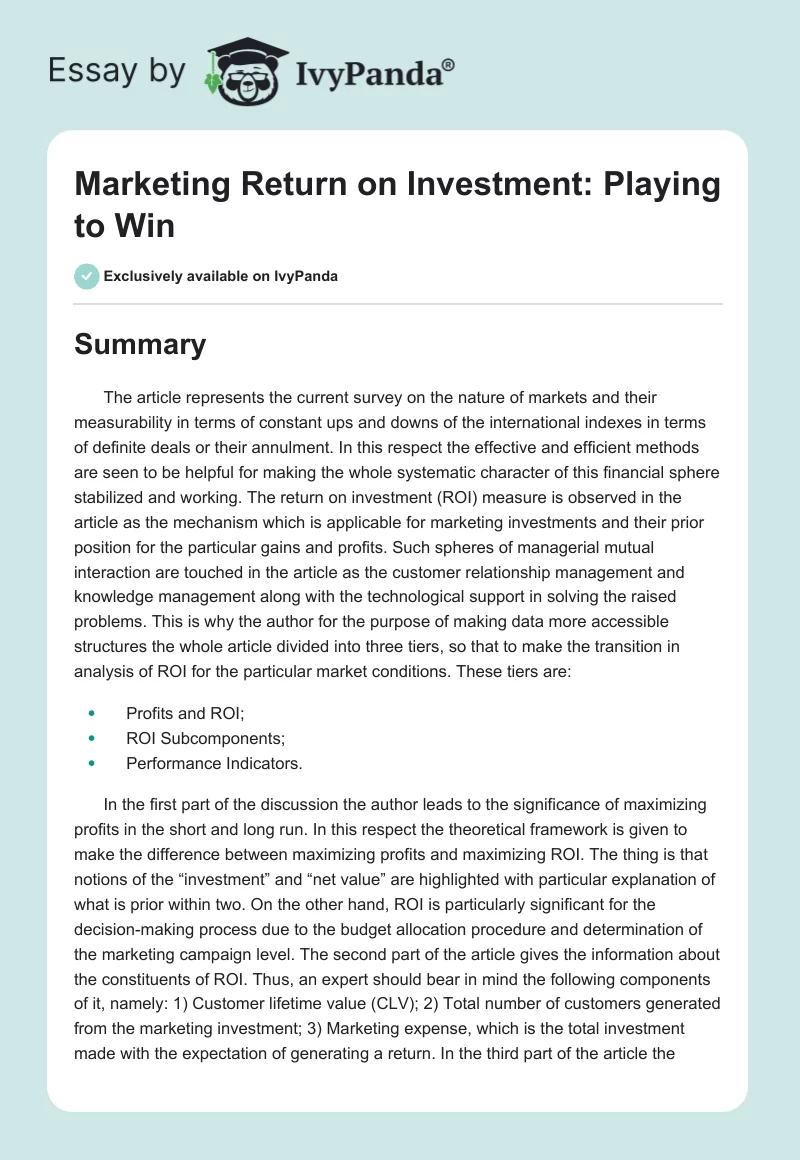 Marketing Return on Investment: Playing to Win. Page 1
