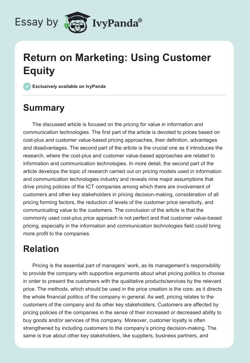 Return on Marketing: Using Customer Equity. Page 1