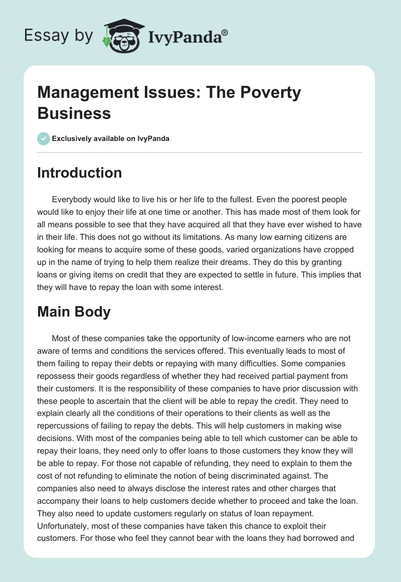 Management Issues: The Poverty Business. Page 1
