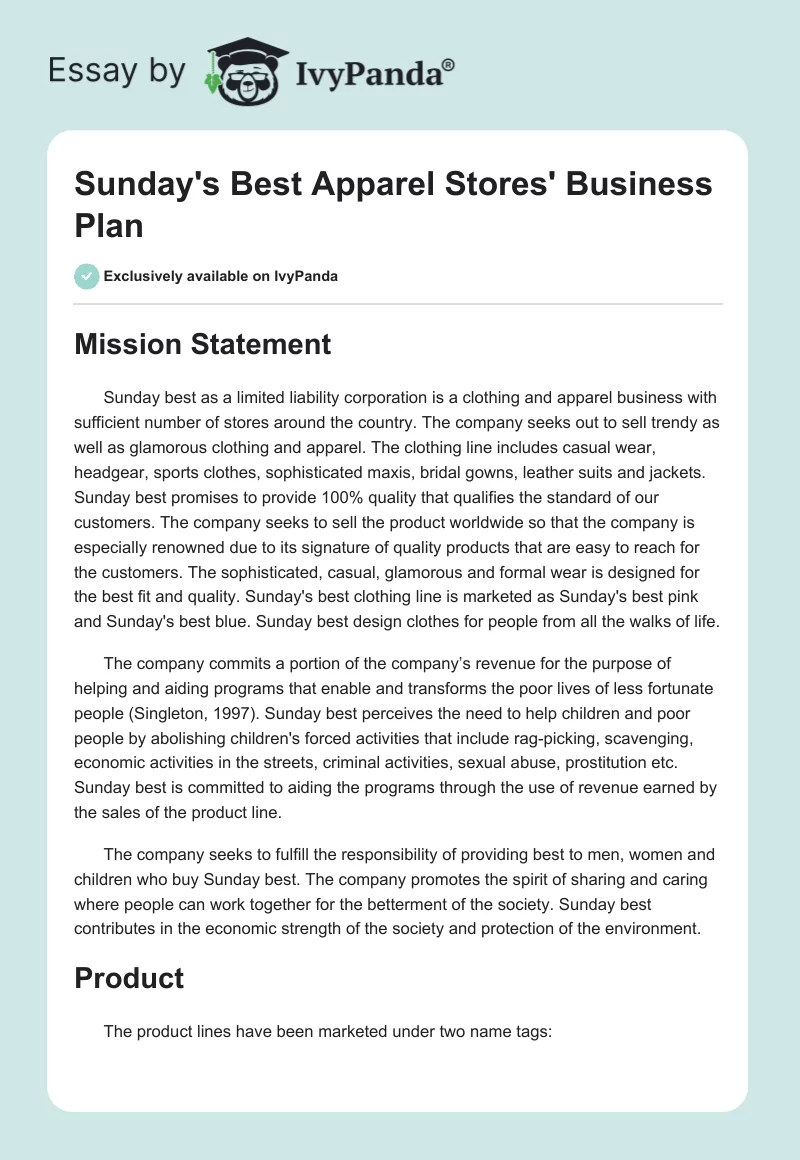 Sunday's Best Apparel Stores' Business Plan. Page 1