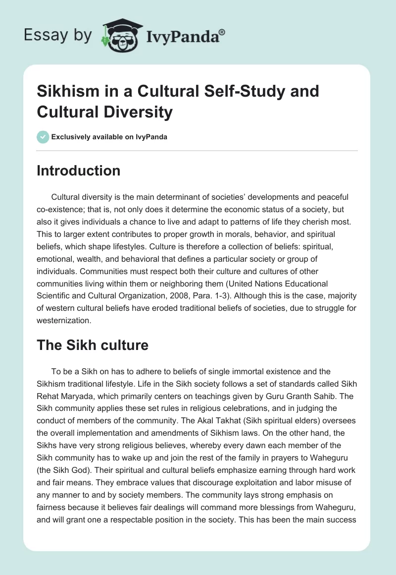 Sikhism in a Cultural Self-Study and Cultural Diversity. Page 1