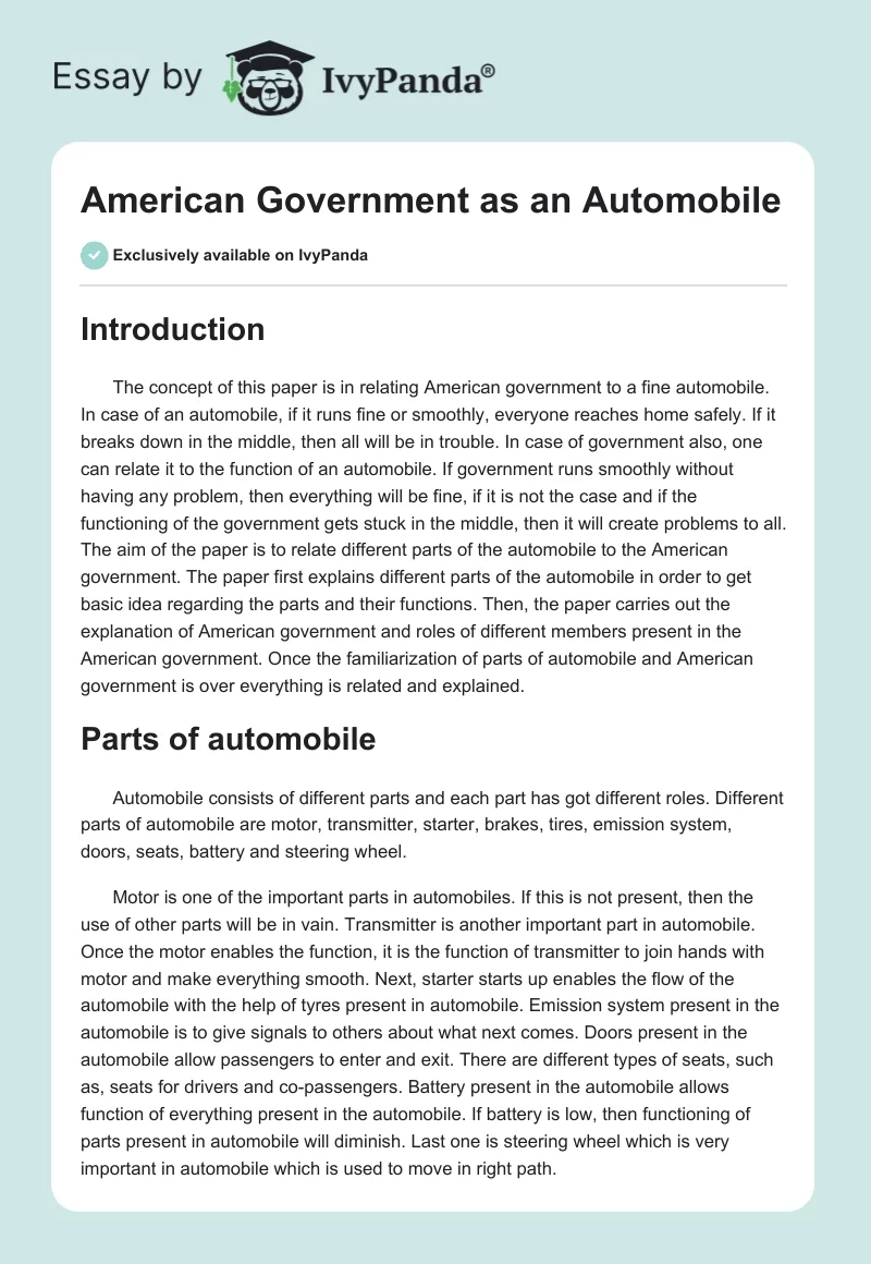 American Government as an Automobile. Page 1