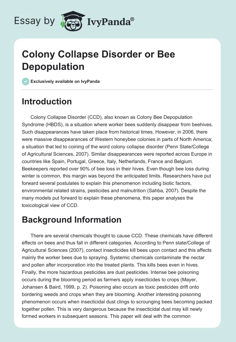 Colony Collapse Disorder or Bee Depopulation. Page 1