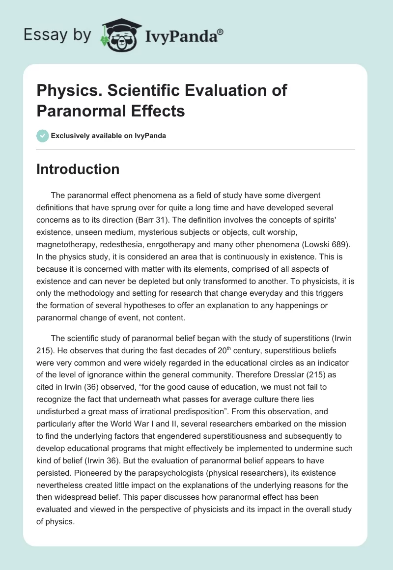 Physics. Scientific Evaluation of Paranormal Effects. Page 1