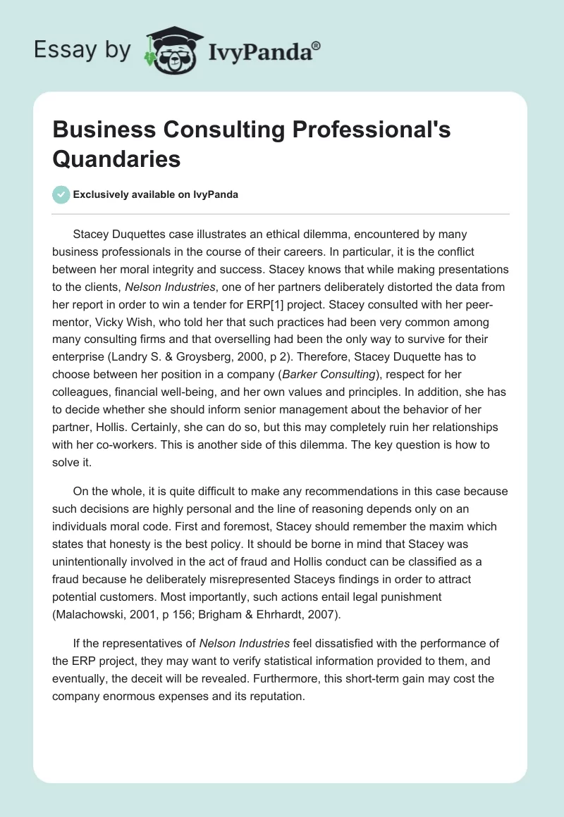 Business Consulting Professional's Quandaries. Page 1