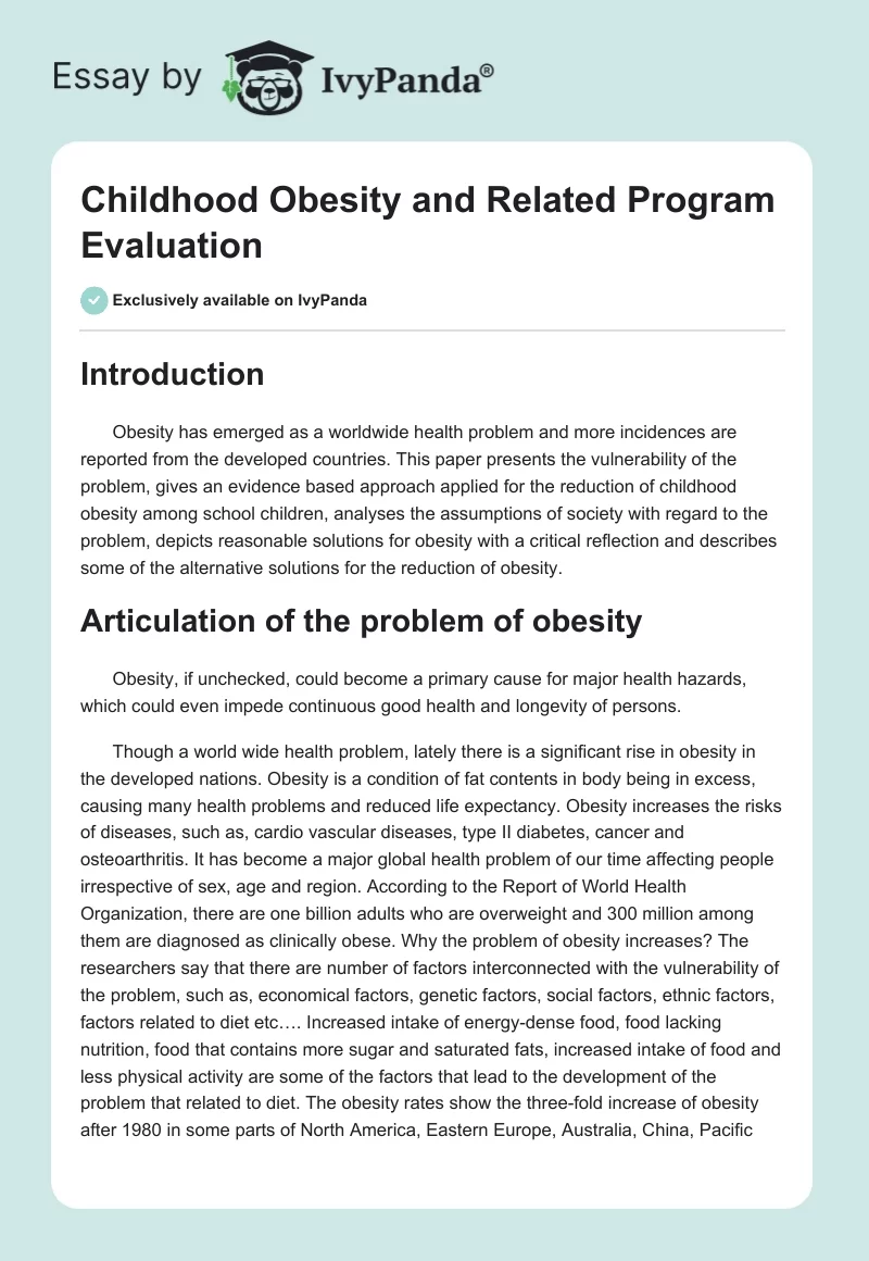 Childhood Obesity and Related Program Evaluation. Page 1
