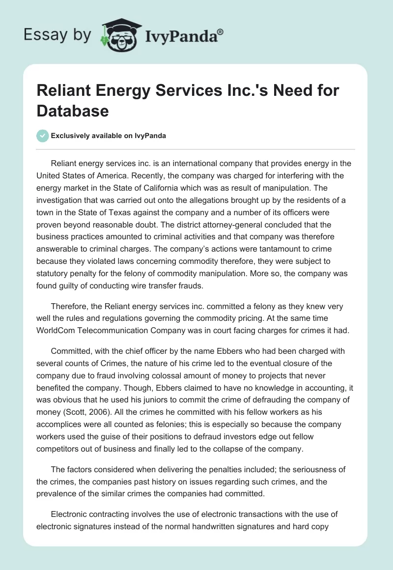 Reliant Energy Services Inc.'s Need for Database. Page 1