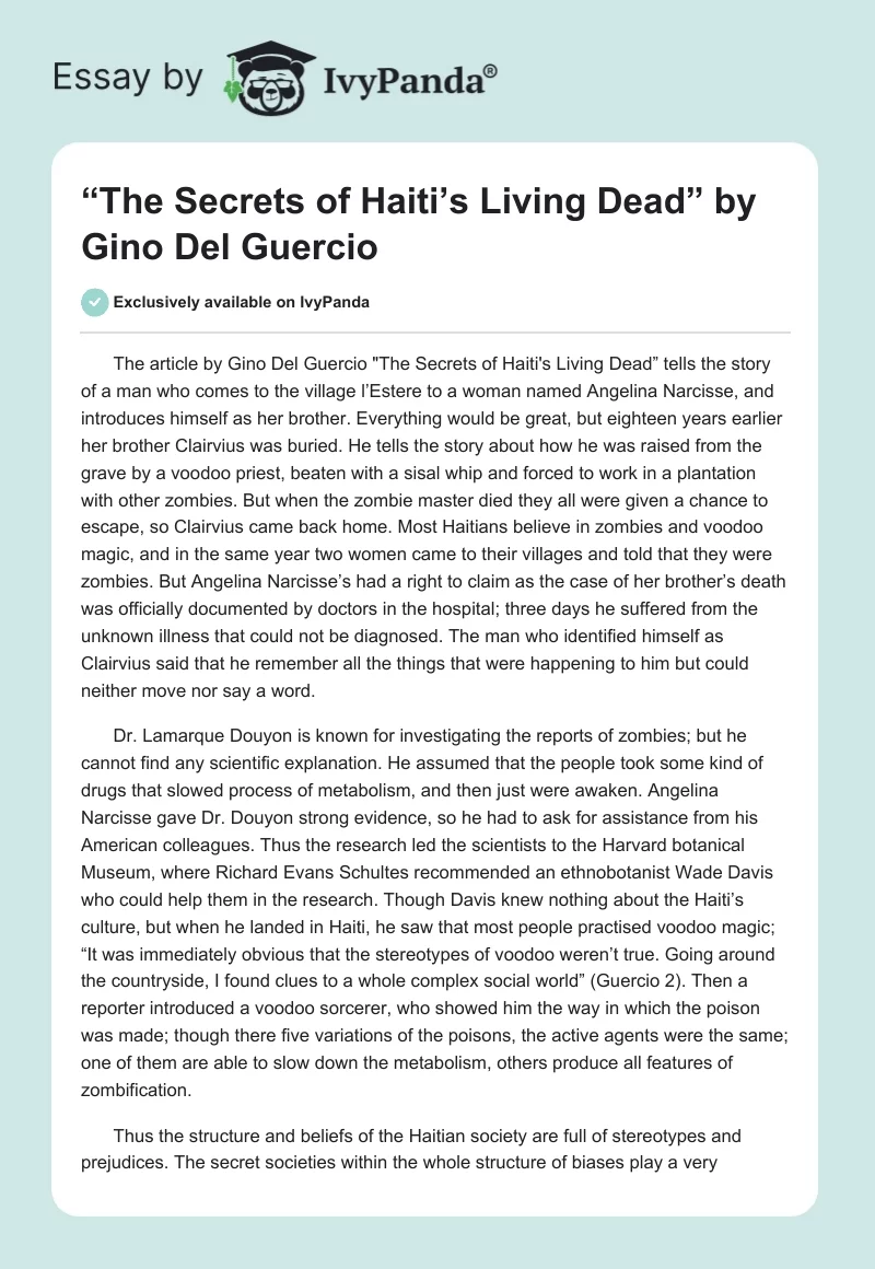 “The Secrets of Haiti’s Living Dead” by Gino Del Guercio. Page 1