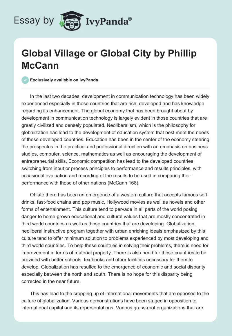 "Global Village or Global City" by Phillip McCann. Page 1