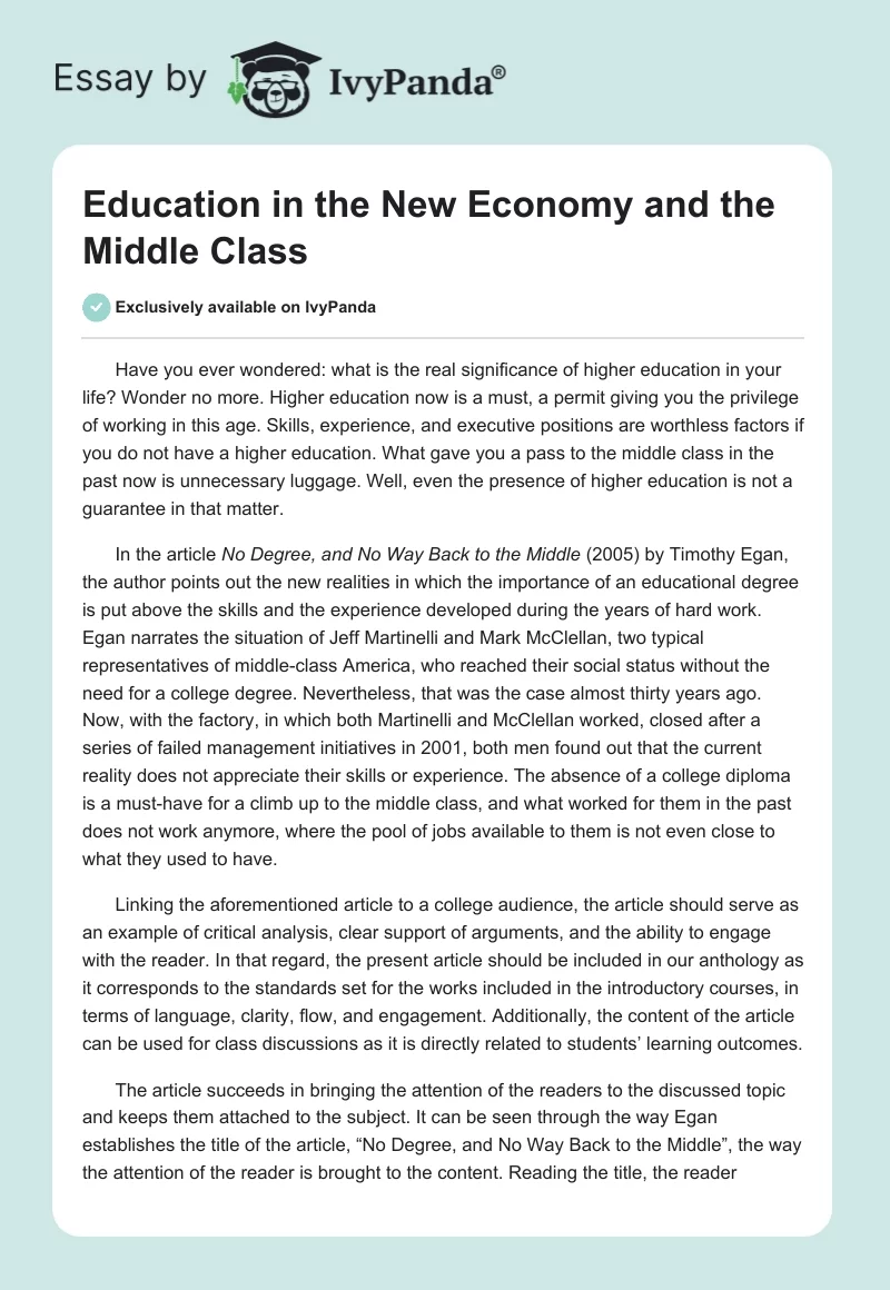 Education in the New Economy and the Middle Class. Page 1