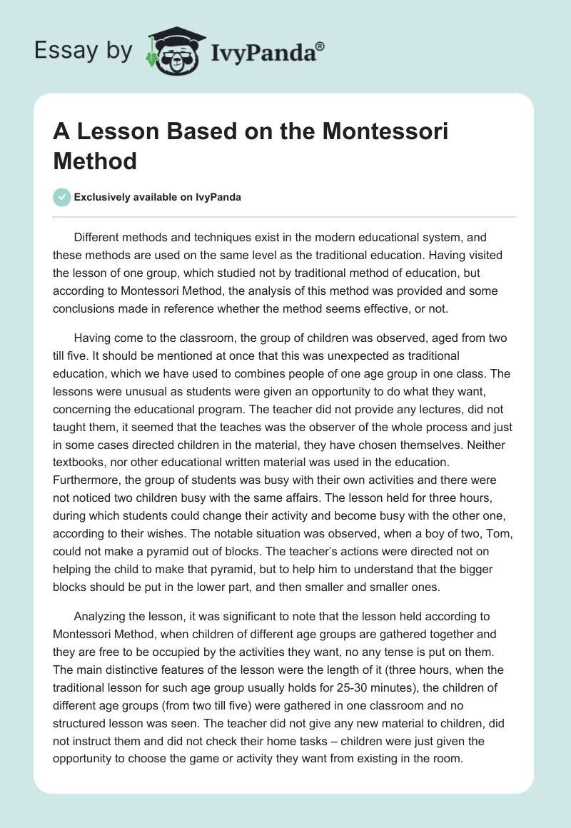 A Lesson Based on the Montessori Method. Page 1