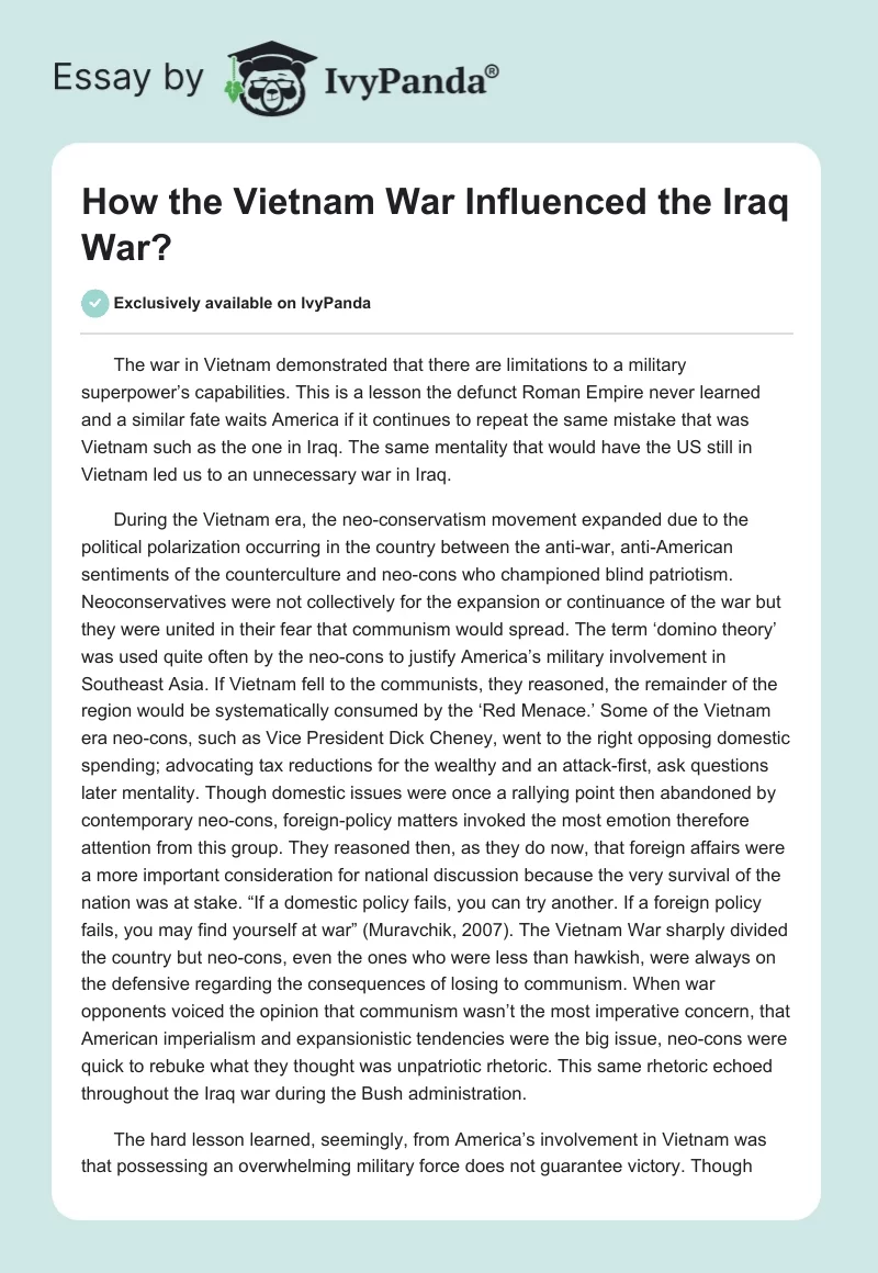 How the Vietnam War Influenced the Iraq War?. Page 1