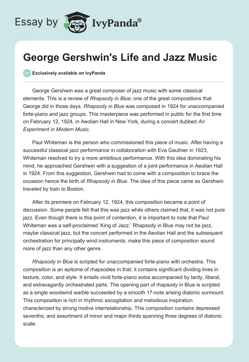 George Gershwin's Life and Jazz Music. Page 1