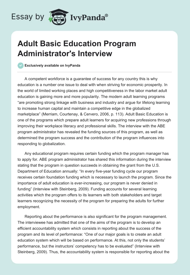 Adult Basic Education Program Administrator's Interview. Page 1